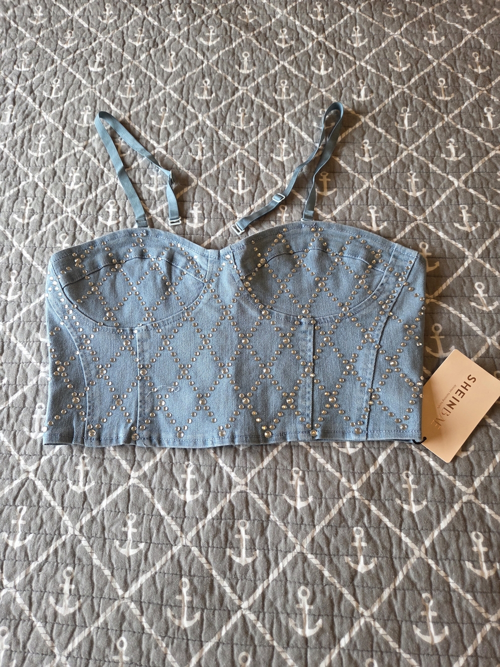 SHEIN Light Blue Studded Denim Cropped Bustier Cami